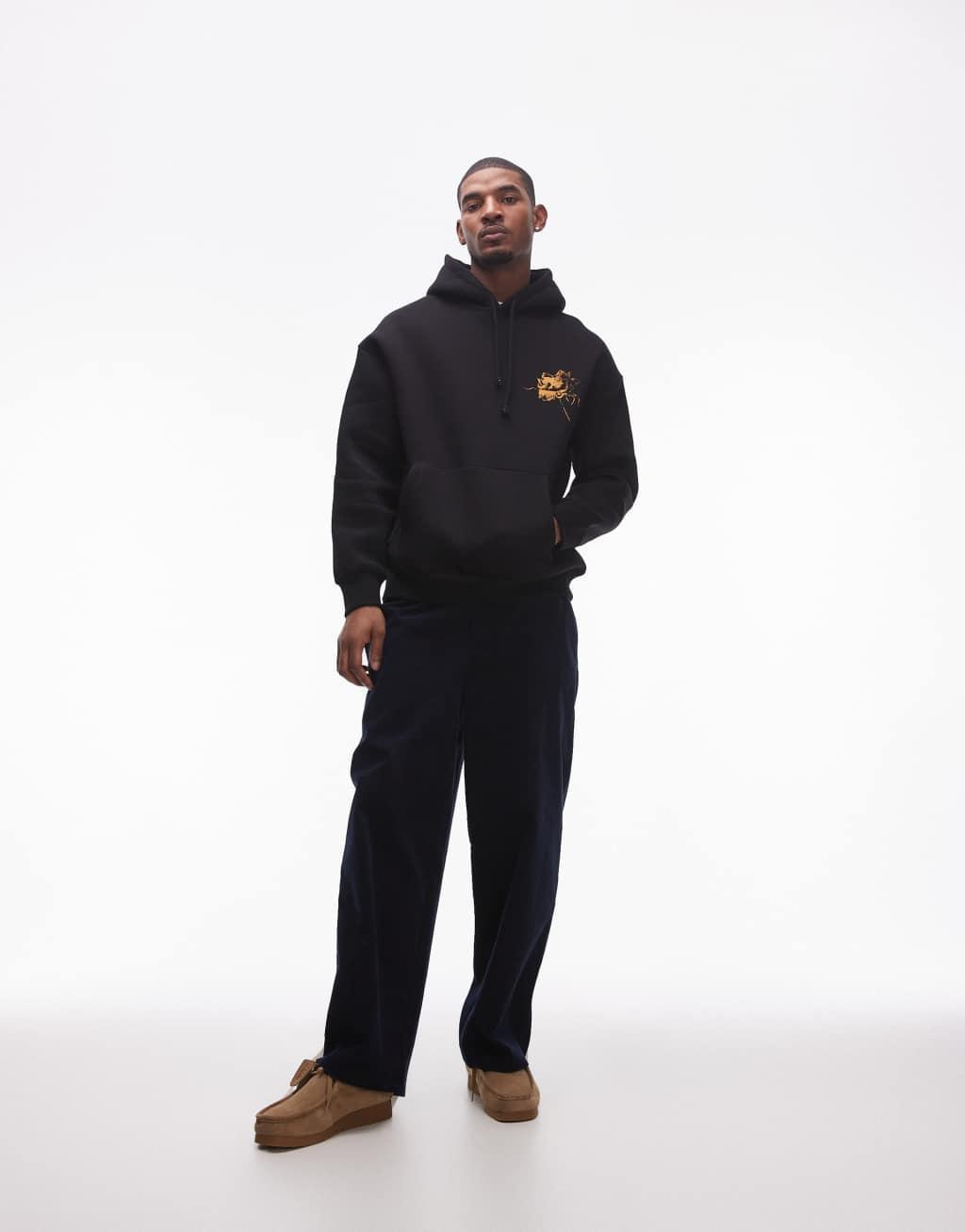 Topman oversized fit hoodie with front and back roses scribbles print in black Product Image