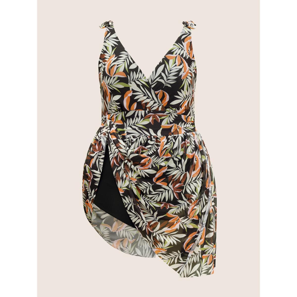 Plus Size Tropical Print Gathered Split Hem Swim Dress Women's Swimwear Black Beach Bodycon V-neck High stretch Curve Swim Dresses BloomChic 18-20/2X Product Image