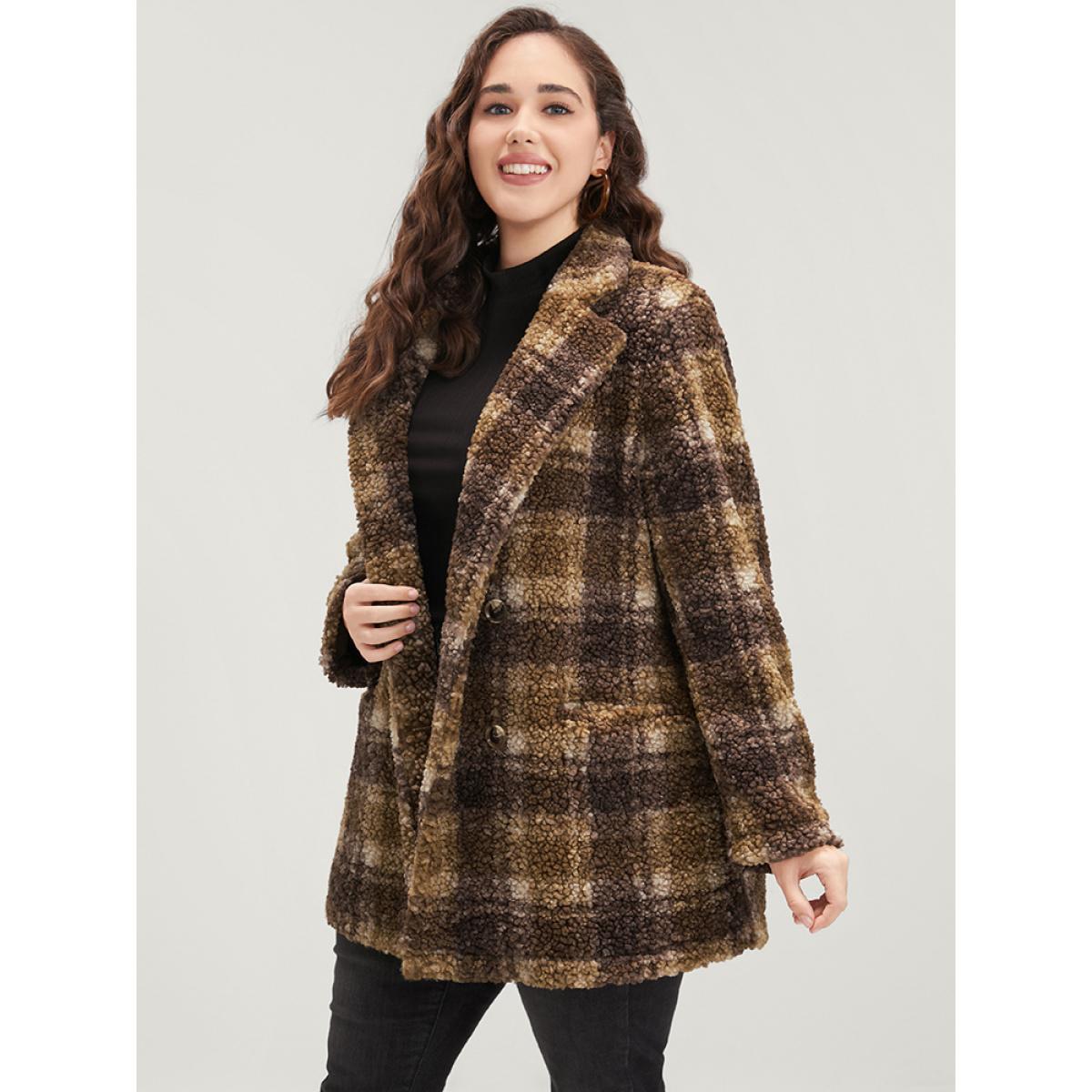 Plus Size Plaid Pocket Double Breasted Teddy Coat Women Tan Casual Pocket Ladies Dailywear Winter Coats BloomChic 28/5X Product Image