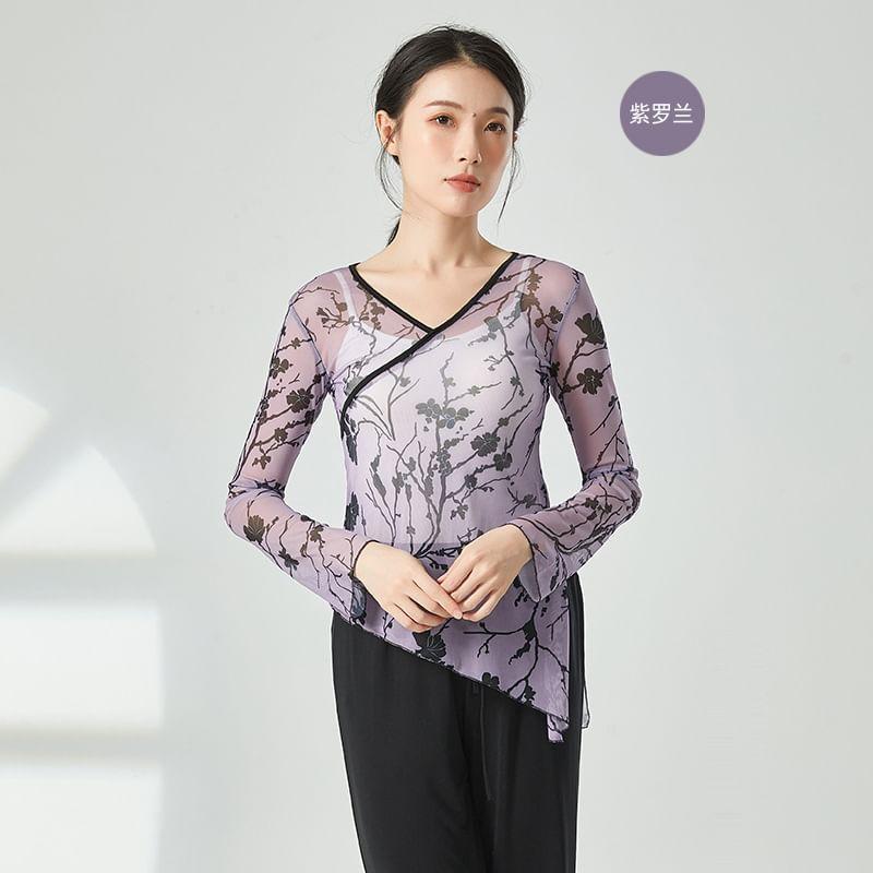 Long-Sleeve Floral Asymmetrical Dance Top Product Image