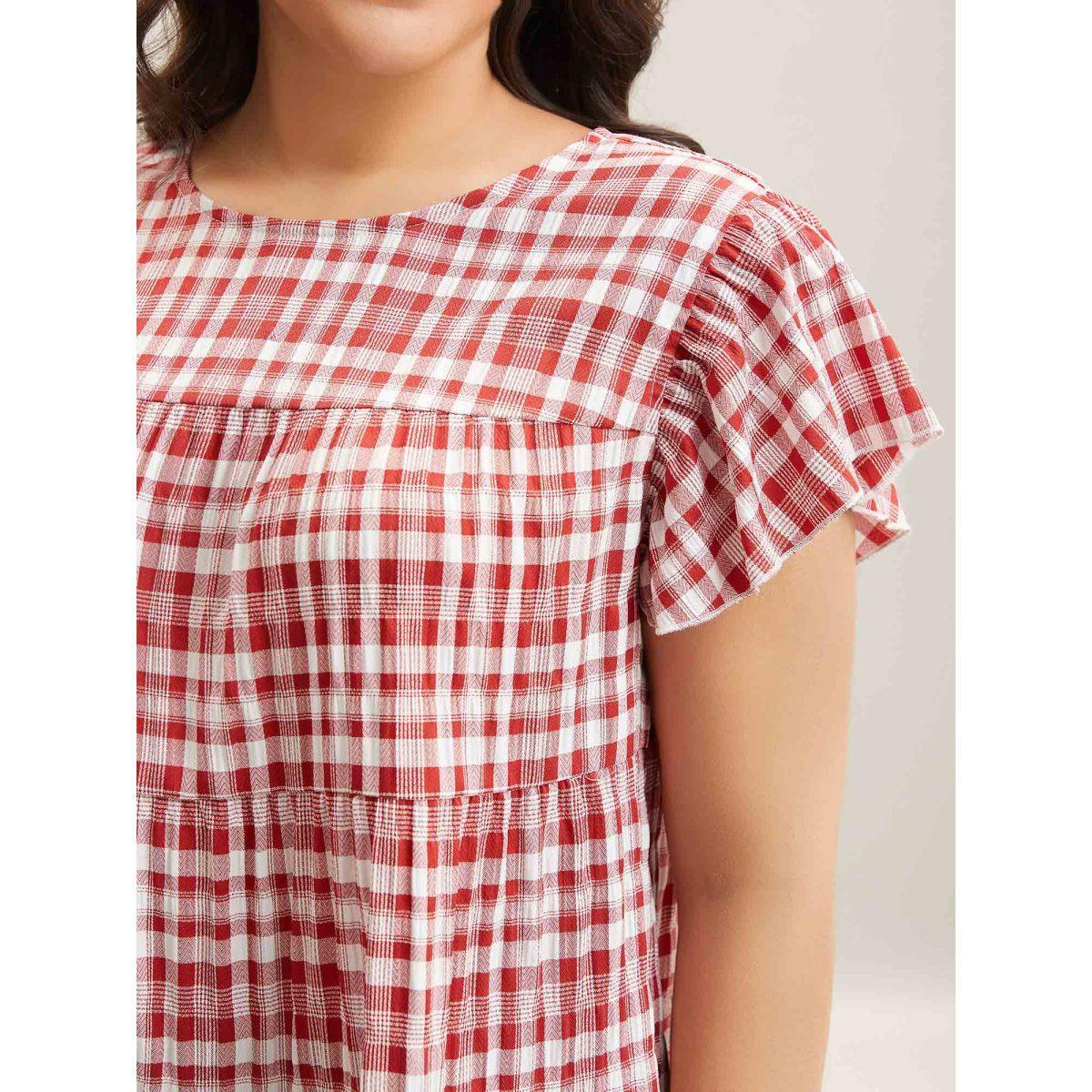 Plus Size Crimson Plaid Print Textured Lotus Leaf Sleeve Shirt Women Casual Cap Sleeve Round Neck Everyday Blouses BloomChic 10/M Product Image
