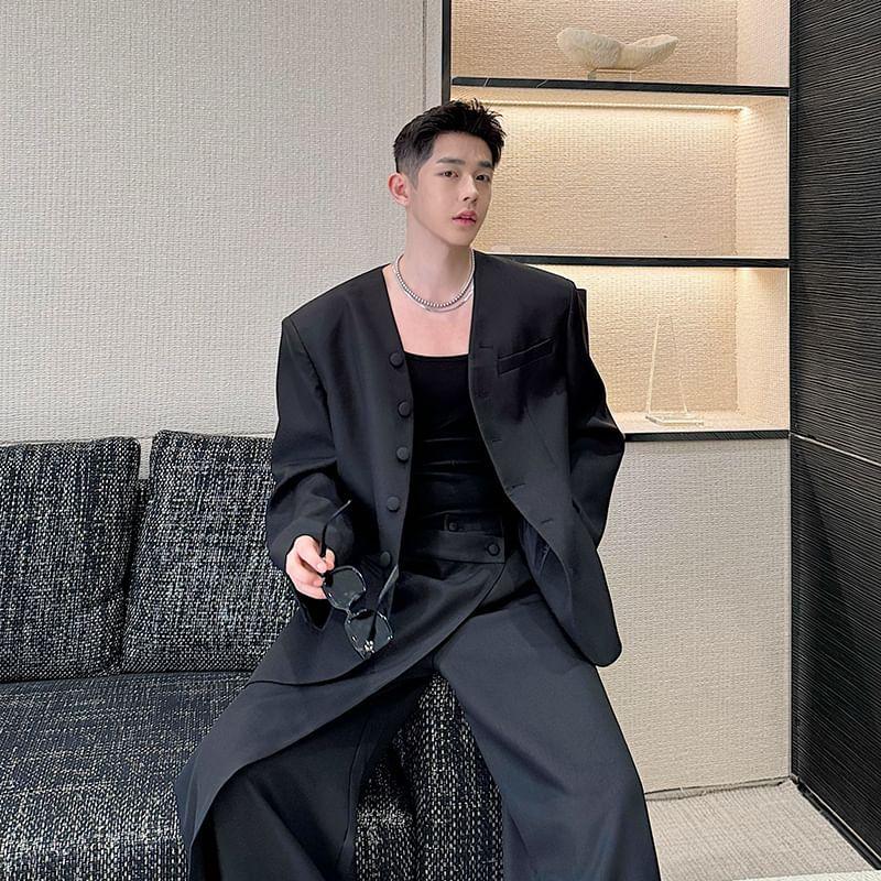 Set: Plain Single-Breasted Blazer + Mid Rise Wrap Wide Leg Pants Product Image