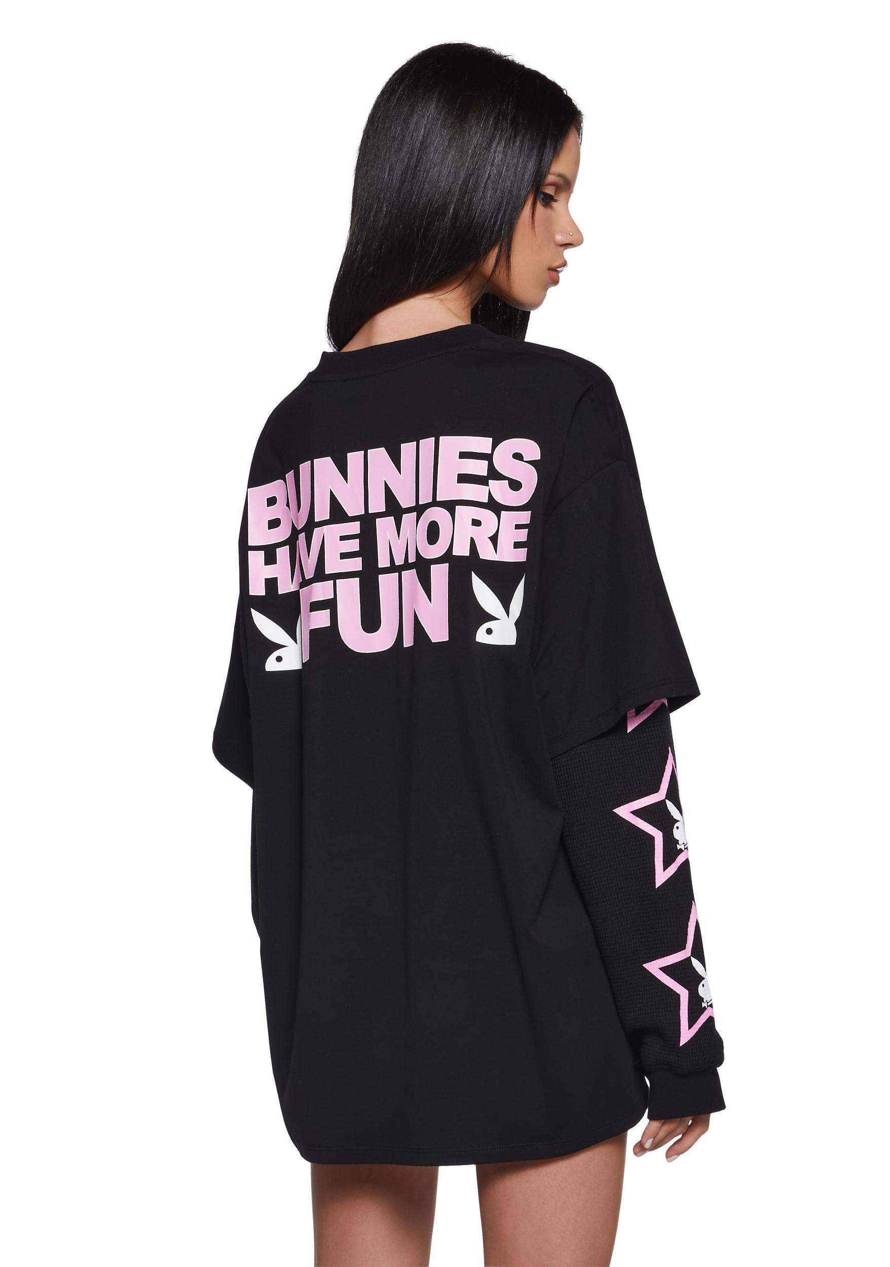 Dolls Kill x Playboy Logo Bunnies Playmate Have More Fun Graphic Long Sleeve Top - Black Product Image