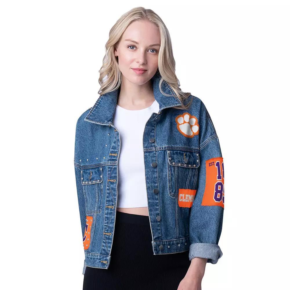 Women's G-III 4Her by Carl Banks Denim Clemson Tigers Game Ball Patches and Studs Full-Button Jacket, Size: Small, Turquoise A Product Image