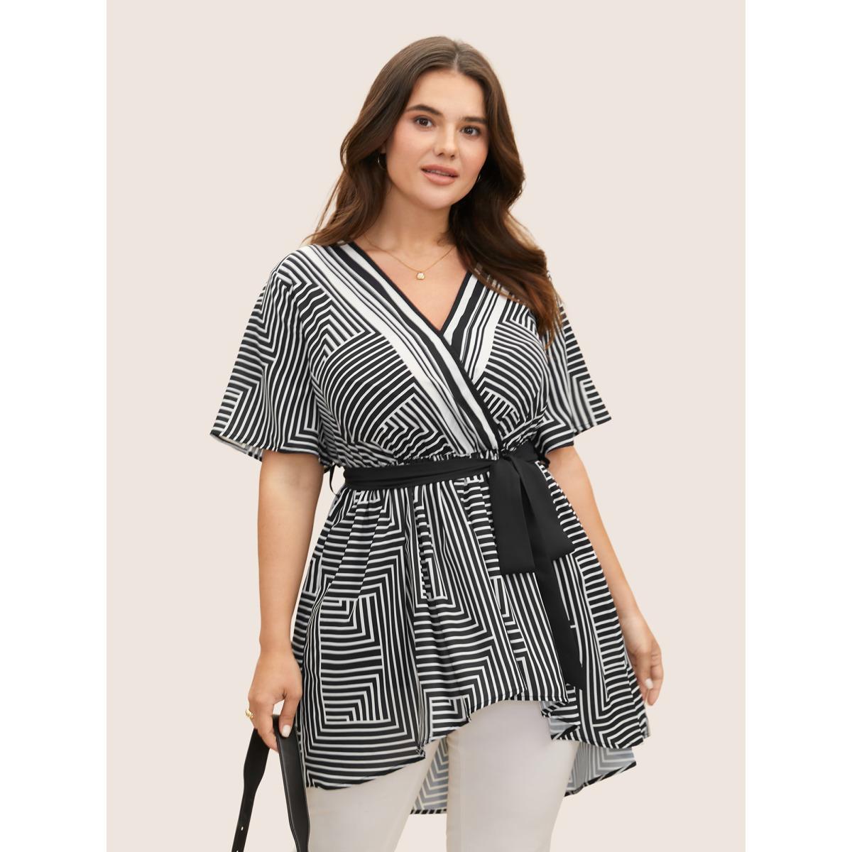 Plus Size Black Geometric Striped Overlap Collar Pocket Blouse Women Workwear Essentials Short sleeve Overlap Collar Work Blouses BloomChic 18-20/2X Product Image