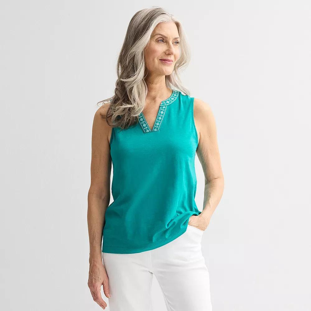 Women's Croft & Barrow® Embroidered Edge Tank Top, Size: Medium, Seattle Blue Product Image