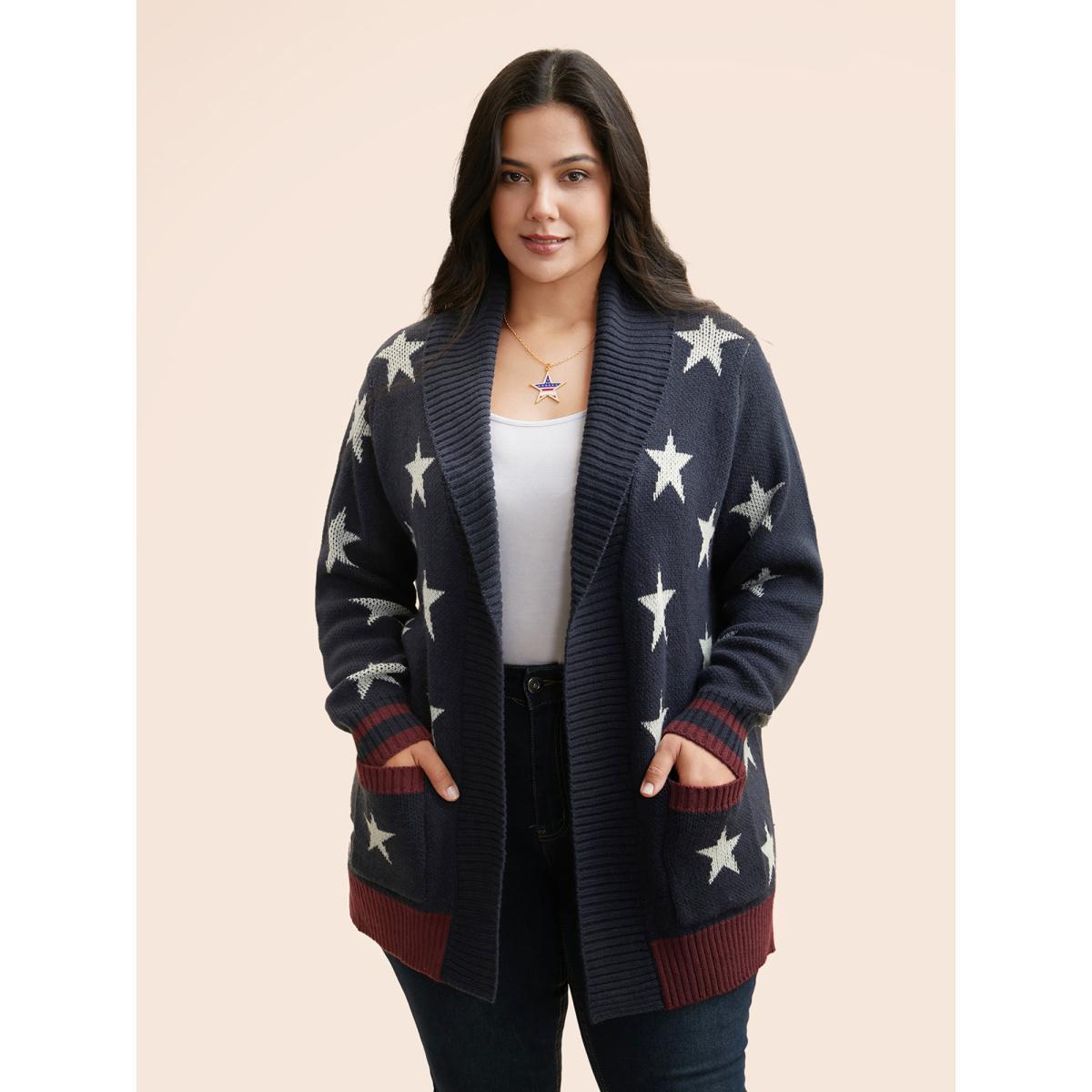 Plus Size Star Contrast Patched Pocket Cardigan Indigo Women Casual Loose Long Sleeve Everyday Cardigans BloomChic 30/6X Product Image