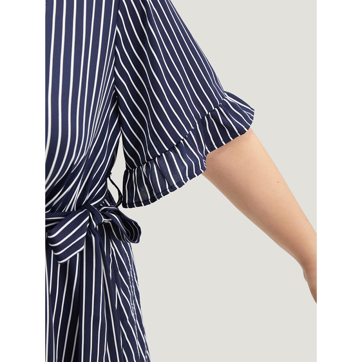 Plus Size Striped Belted Button Detail Flutter Sleeve Dress DarkBlue Women Casual Belted V-neck Short sleeve Curvy Midi Dress BloomChic 18-20/2X Product Image