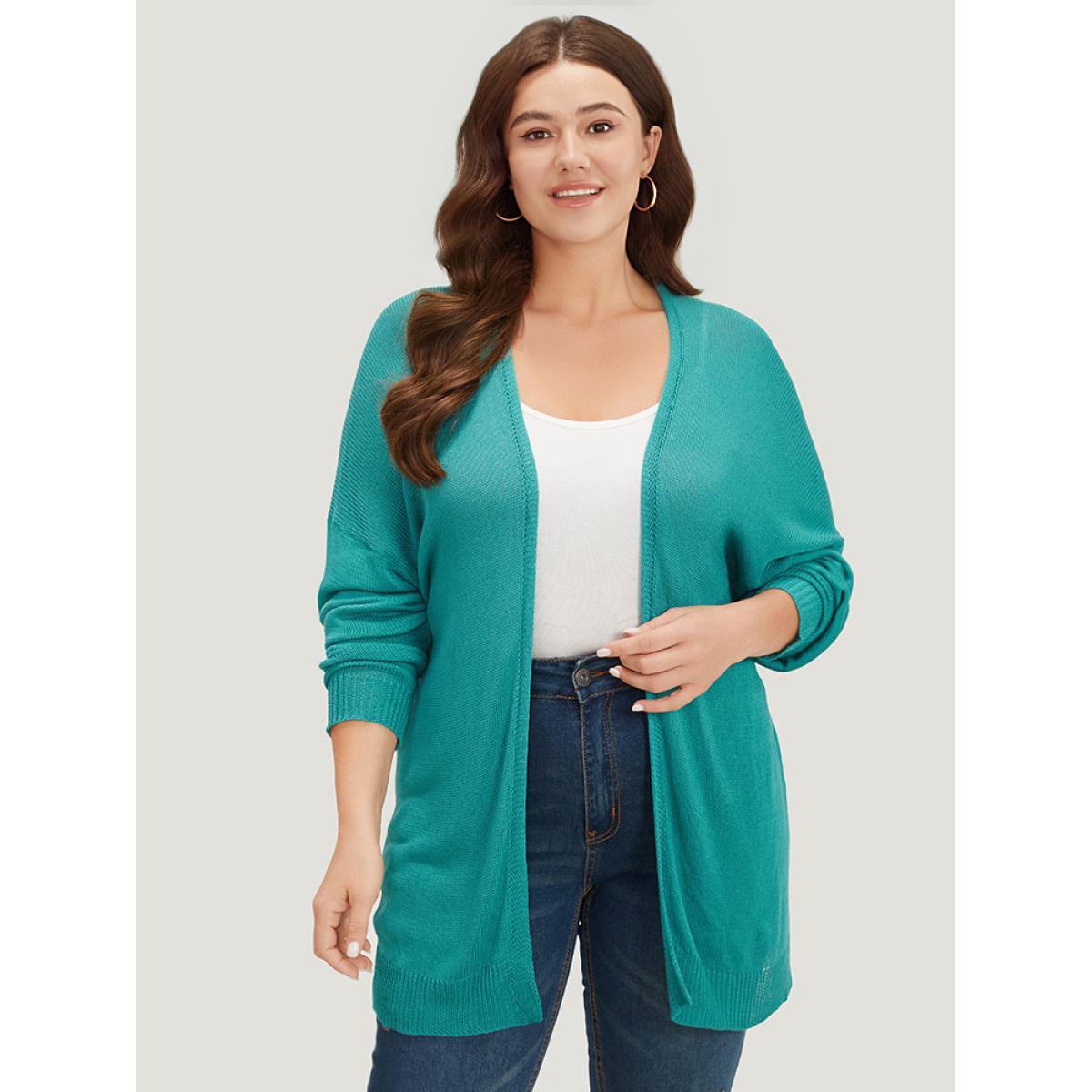 Plus Size Plain Open Front Loose Slightly Stretchy Cardigan Emerald Women Casual Loose Long Sleeve Everyday Cardigans BloomChic 14-16/1X Product Image