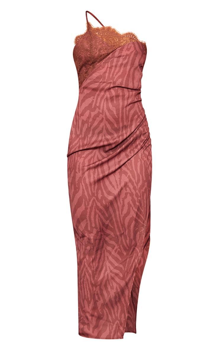 Chocolate Zebra Print Lace Trim Ruched One Shoulder Midaxi Dress Product Image