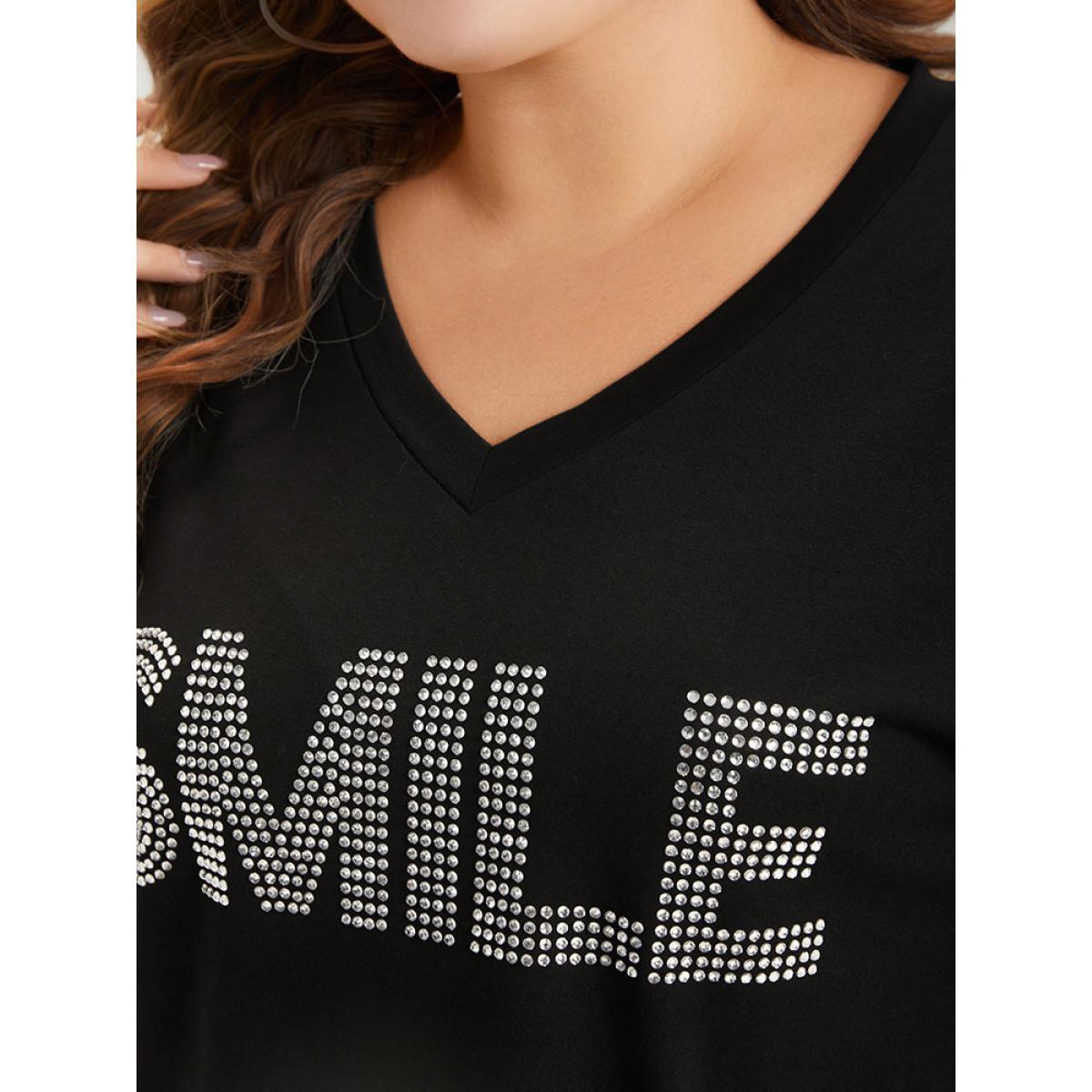Plus Size Letter Print Rhinestone V Neck Elastic cuffs Sweatshirt Women Black Elegant Elastic cuffs Dailywear Sweatshirts BloomChic 18-20/2X Product Image