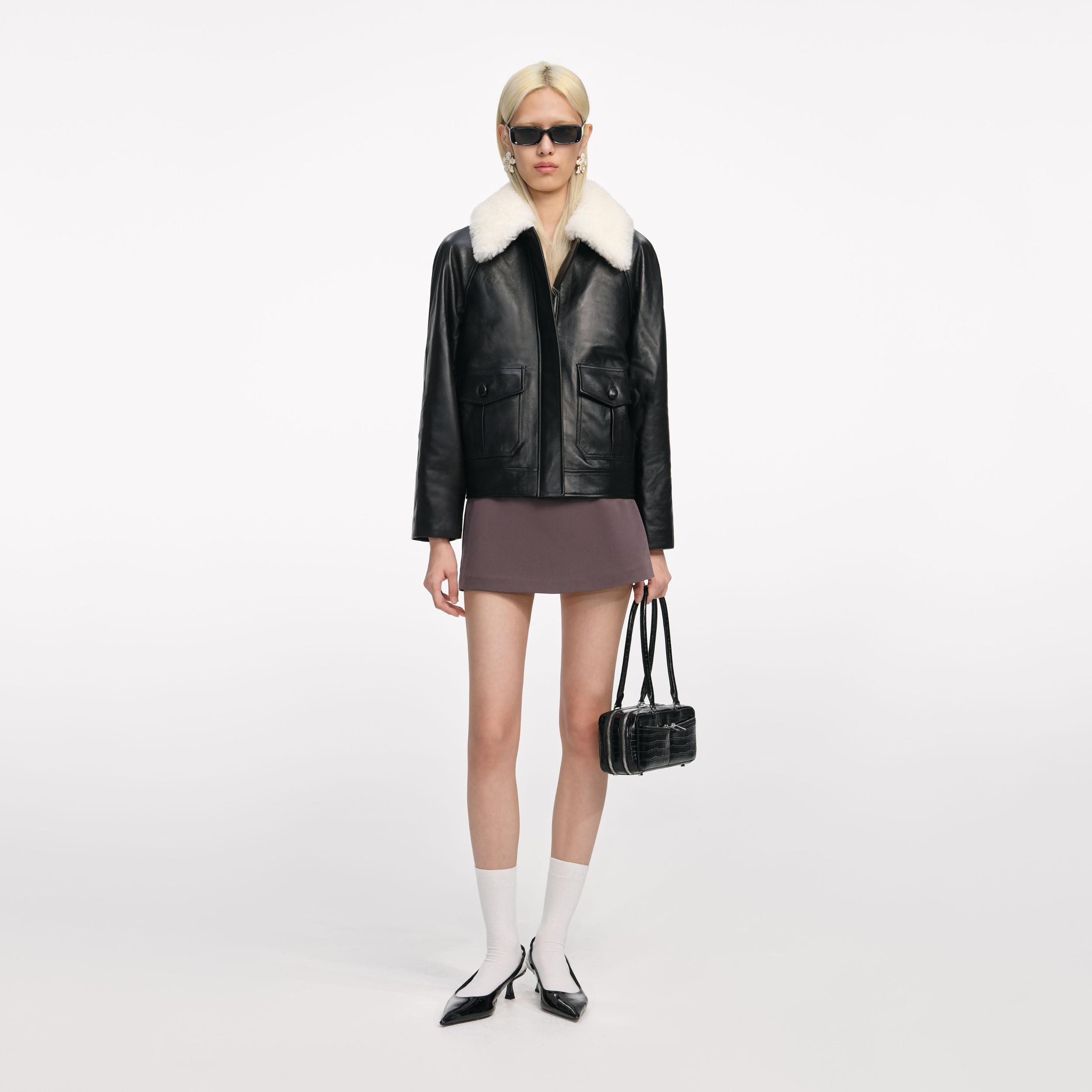 Black Leather Fur Collar Jacket Product Image