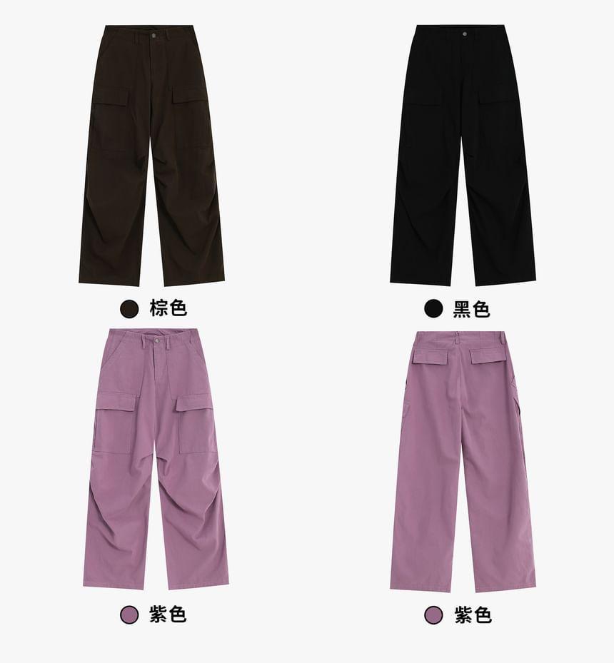 High Waist Plain Wide Leg Cargo Pants Product Image