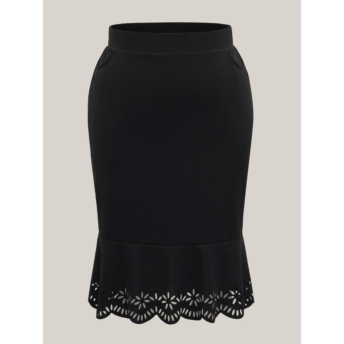 Plus Size Laser Cut Scalloped Fishtail Maxi Skirt Women Black Elegant Laser Bodycon Medium stretch Slanted pocket Everyday-Elegant Skirts BloomChic 28/5X Product Image