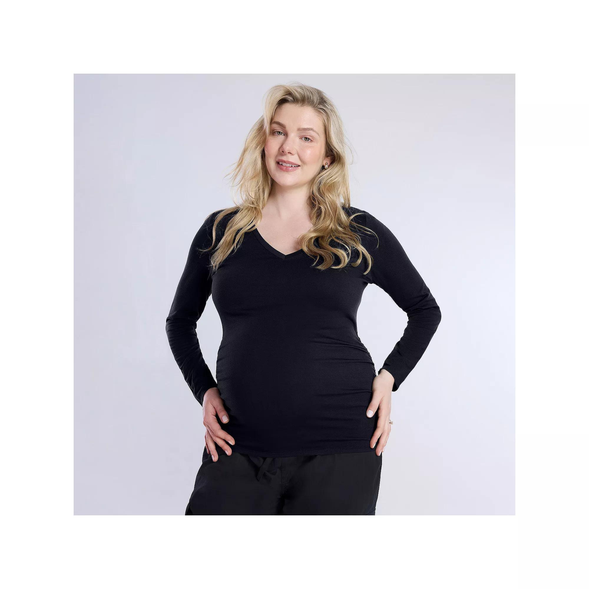 Maternity Motherhood® V-Neck Side Ruched Long Sleeve Tee, Women's, Size: Medium-Mat, White Product Image