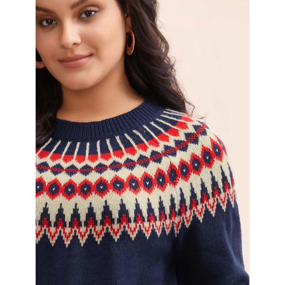 Plus Size Fair Isle Pull Over Crew Neck Pullover Navy Women Casual Long Sleeve Round Neck Everyday Pullovers BloomChic 10/M Product Image