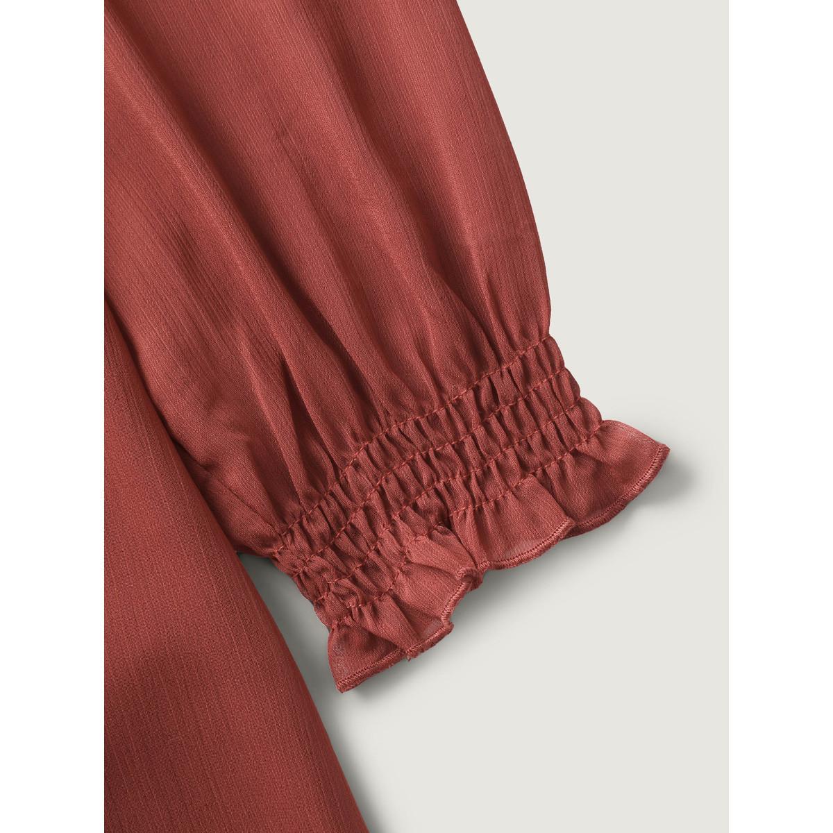 Plus Size Rust Sheer Ruffled Neck Flowy Solid Blouse Women Extra Long Sleeve Notched collar Vacation Blouses BloomChic 14-16/1X Product Image