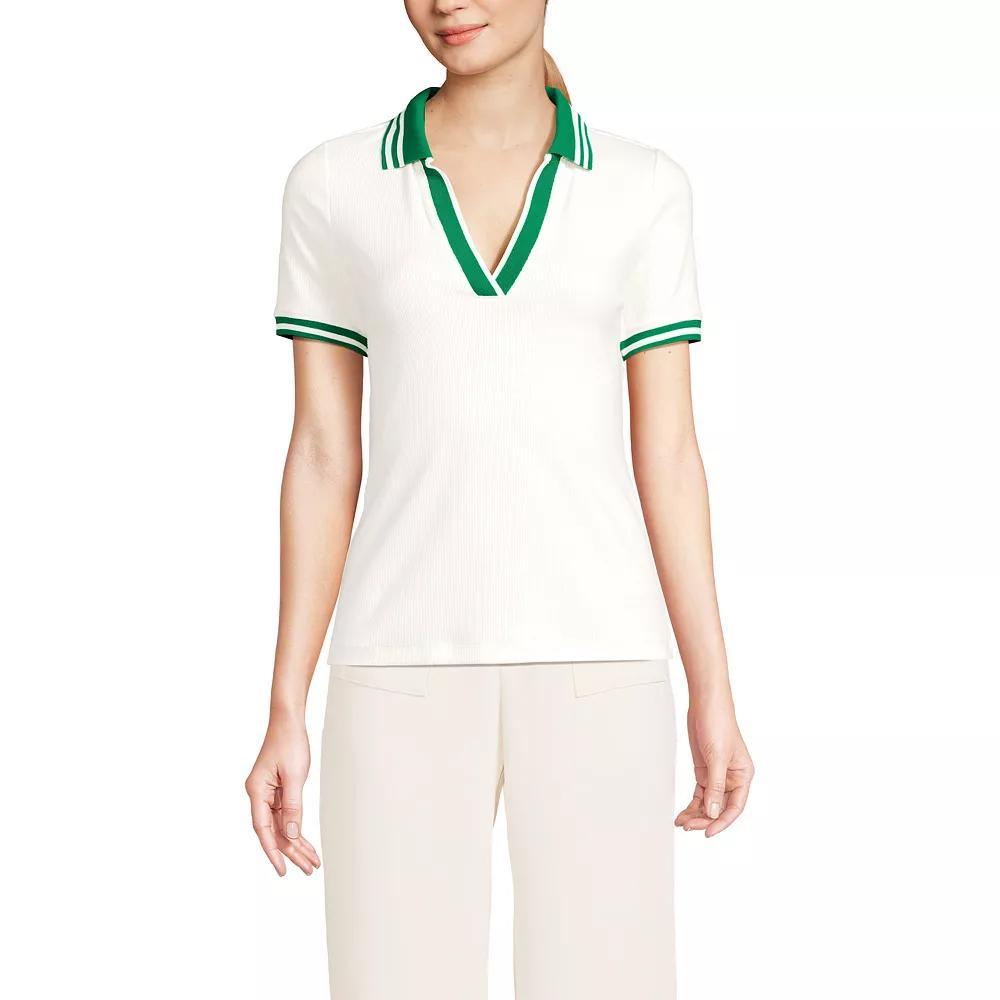 Petite Lands' End Short Sleeve Polished Rib Polo, Women's, Size: XS Petite, Ivory Vibrant Green Product Image