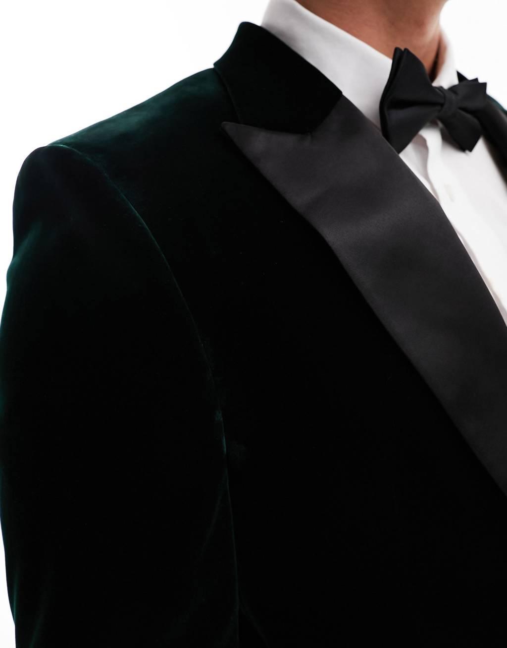 River Island velvet tuxedo jacket in dark green Product Image