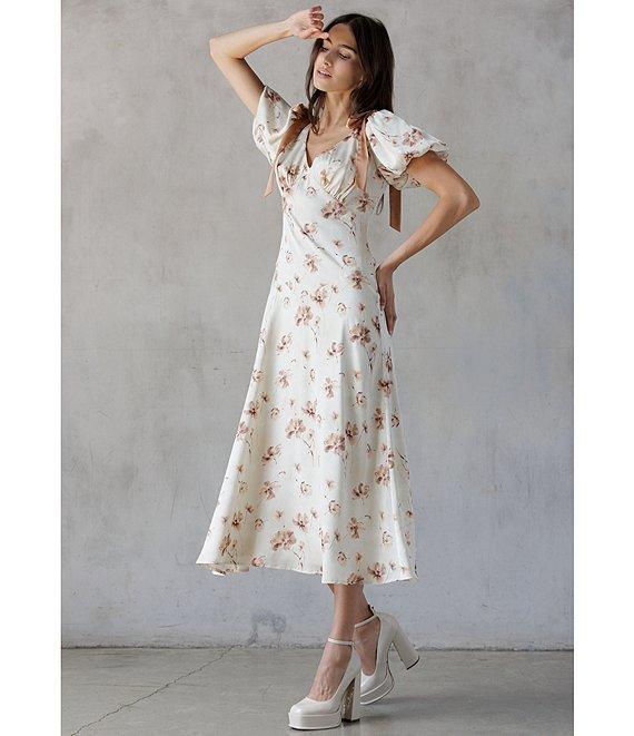 Storia Floral Print V-Neck Tie Shoulder Puff Sleeve A-Line Midi Dress Product Image