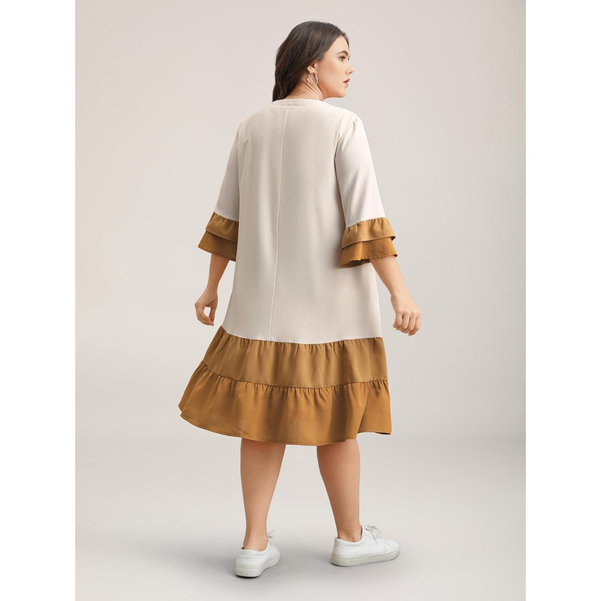 Plus Size Color Block Neck-Tie Tiered Midi Dress Multicolor Women Casual Tucked seam Notched collar Elbow-length sleeve Curvy BloomChic 18-20/2X Product Image