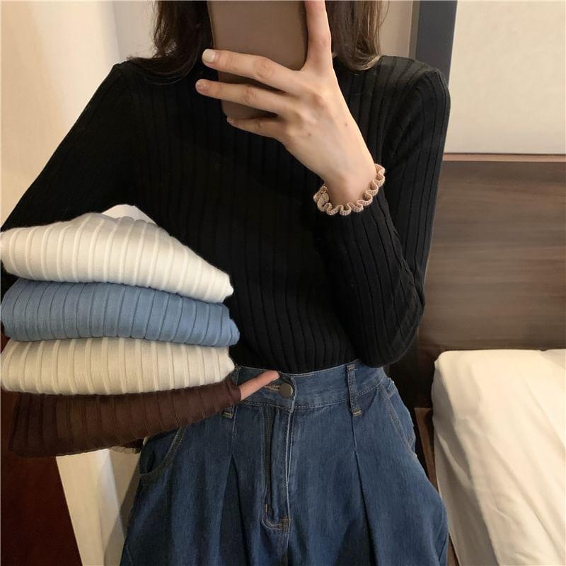 Long-Sleeve Frilled Contrast Trim Slim-Fit Knit Top Product Image