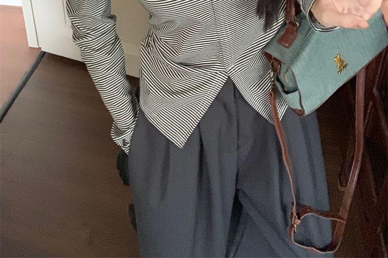 Long Sleeve Off Shoulder Striped Button Slit Top Product Image