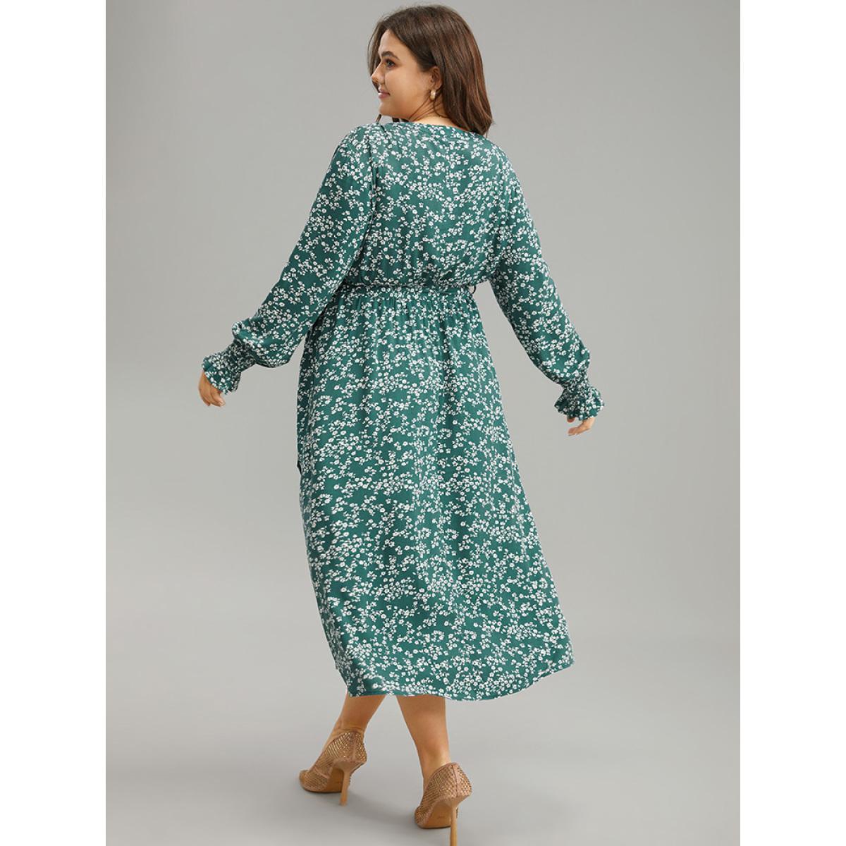Plus Size Ditsy Floral Shirred Belted Notched Dress DarkGreen Women Elegant Belted Notched collar Long Sleeve Curvy Midi Dress BloomChic 14-16/1X Product Image