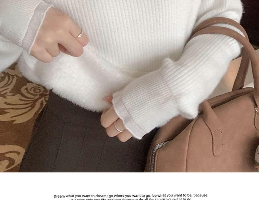 Mock Neck Plain Ruffle Trim Ribbed Knitted Sweater Product Image