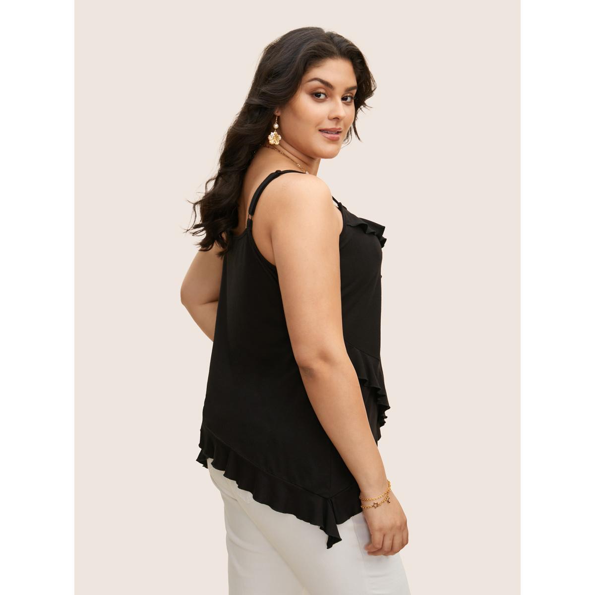 Plus Size Solid Patchwork Ruffle Trim Adjustable Straps Cami Top Women Black Elegant Patchwork V-neck Everyday Tank Tops Camis BloomChic 14-16/1X Product Image