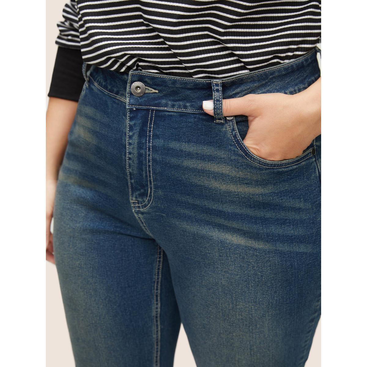 Plus Size Straight Leg Vintage Full Length Jeans Women Aegean Casual Plain Plain High stretch Pocket Jeans BloomChic 12/L Product Image