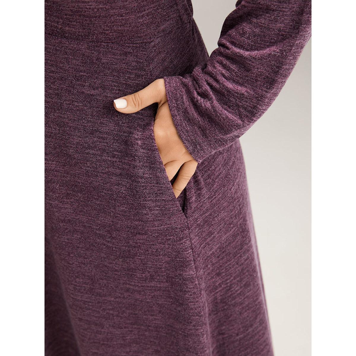 Plus Size Solid Ruched Drawstring Bowknot Pocket Dress Purple Women Casual Gathered Tie Neck Long Sleeve Curvy Midi Dress BloomChic 10/M Product Image