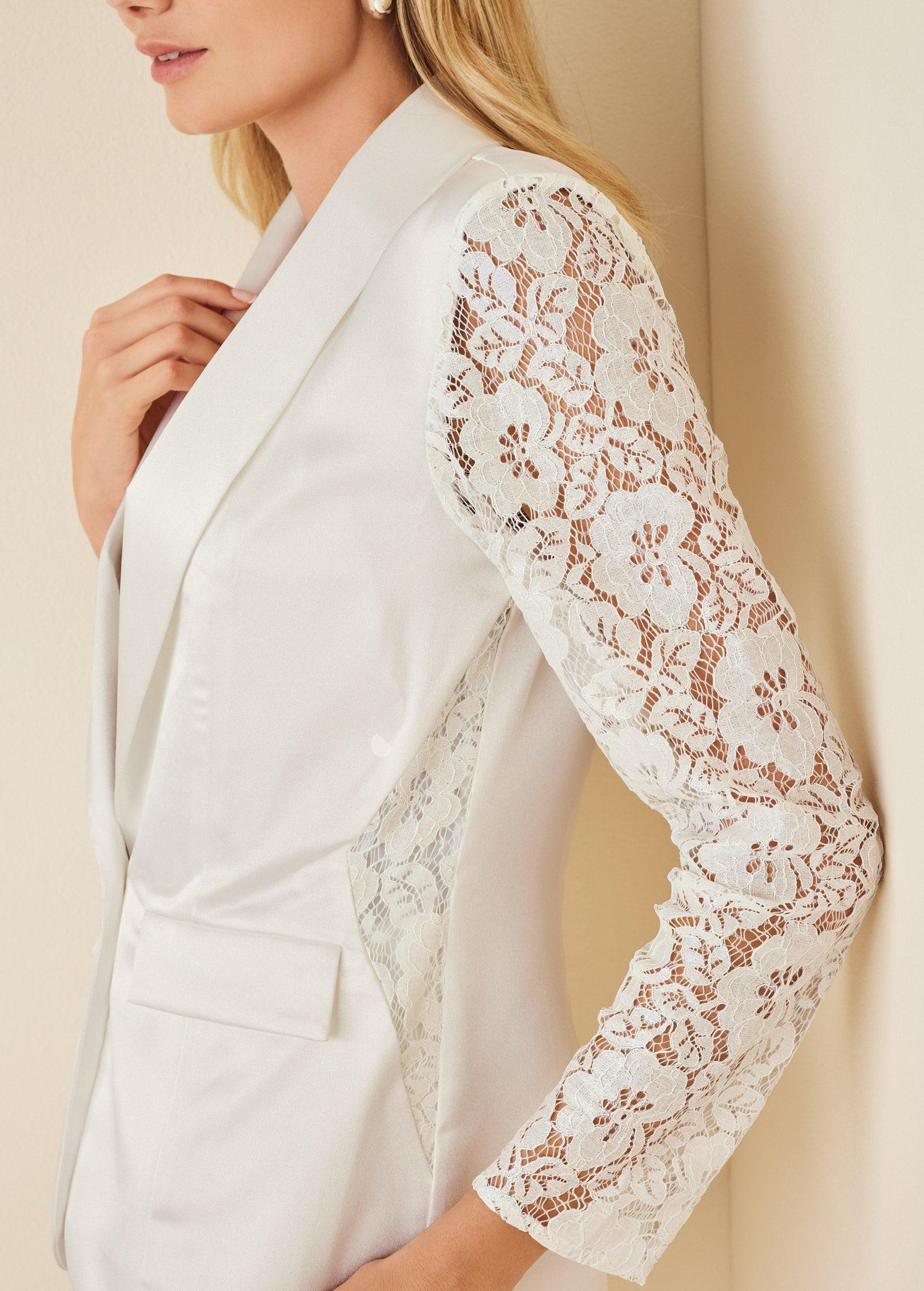 Lace Sleeve Tuxedo Blazer - Off White Product Image