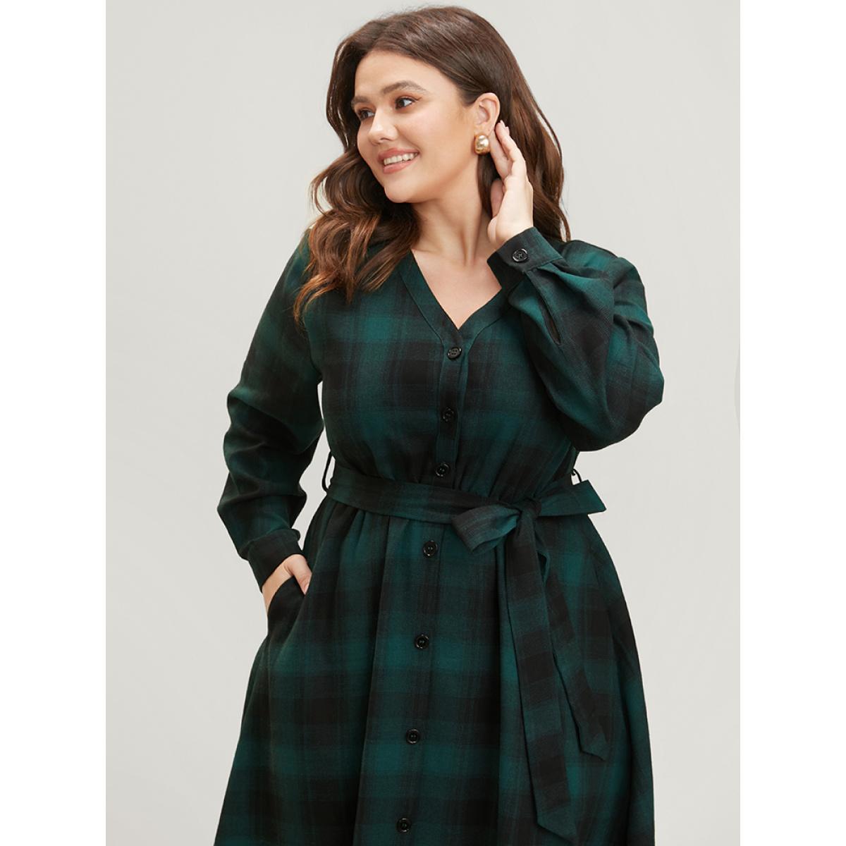 Plus Size Plaid Pocket Button Detail Belted Asymmetrical Hem Dress Emerald Women Elegant Button V-neck Long Sleeve Curvy Midi Dress BloomChic 28/5X Product Image