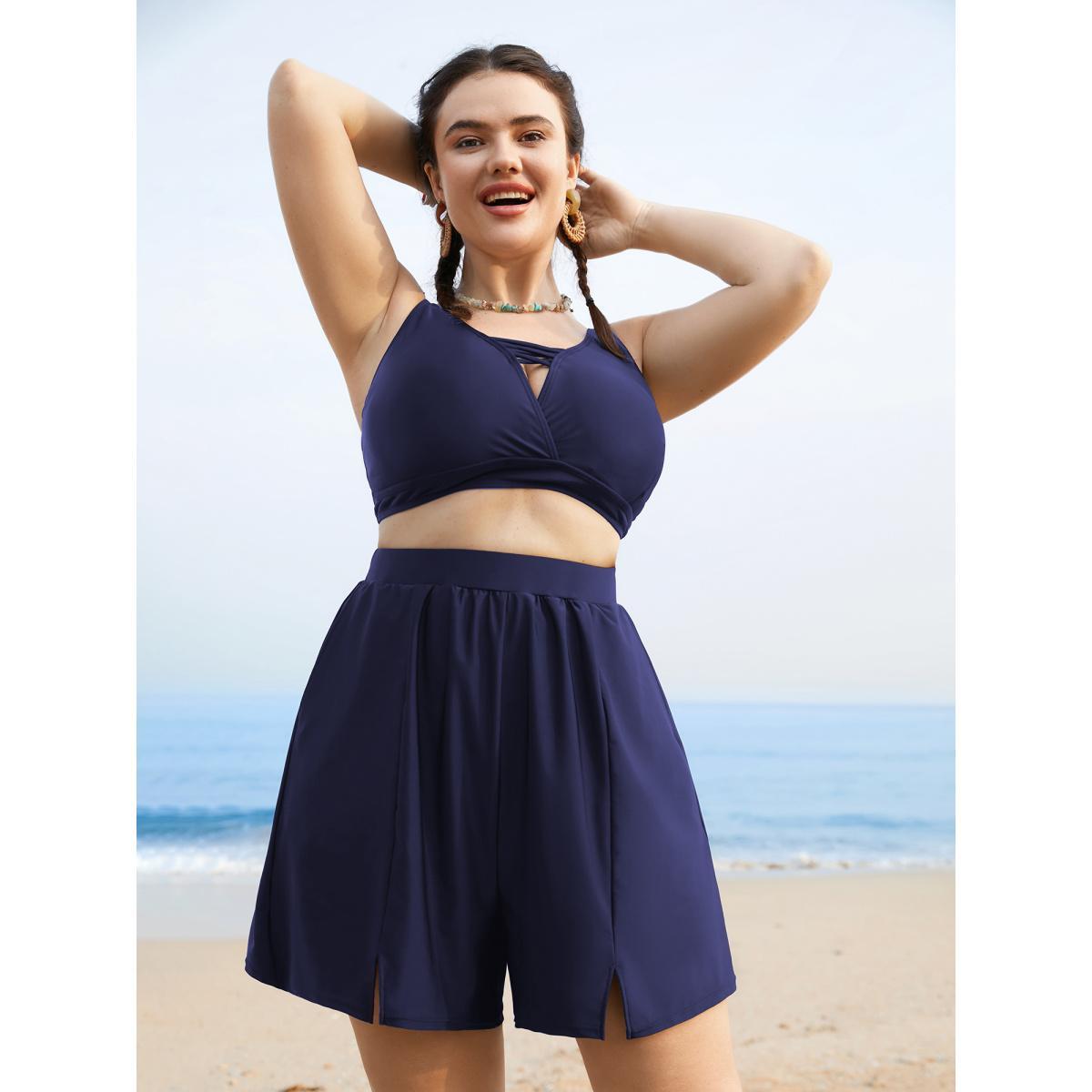 Plus Size Solid Slit Front Pocket Gathered Swim Bottom Women's Swimwear Indigo Beach Gathered High stretch Bodycon High Rise Side seam pocket Curve Swim Bottoms BloomChic 30/6X Product Image