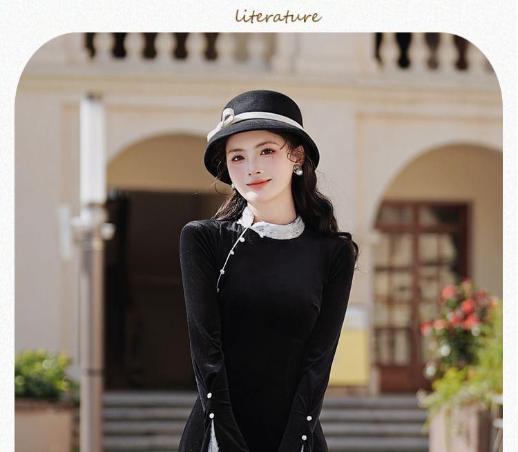 Long Sleeve Stand Collar Plain Lace Trim Midi A-Line Dress Product Image