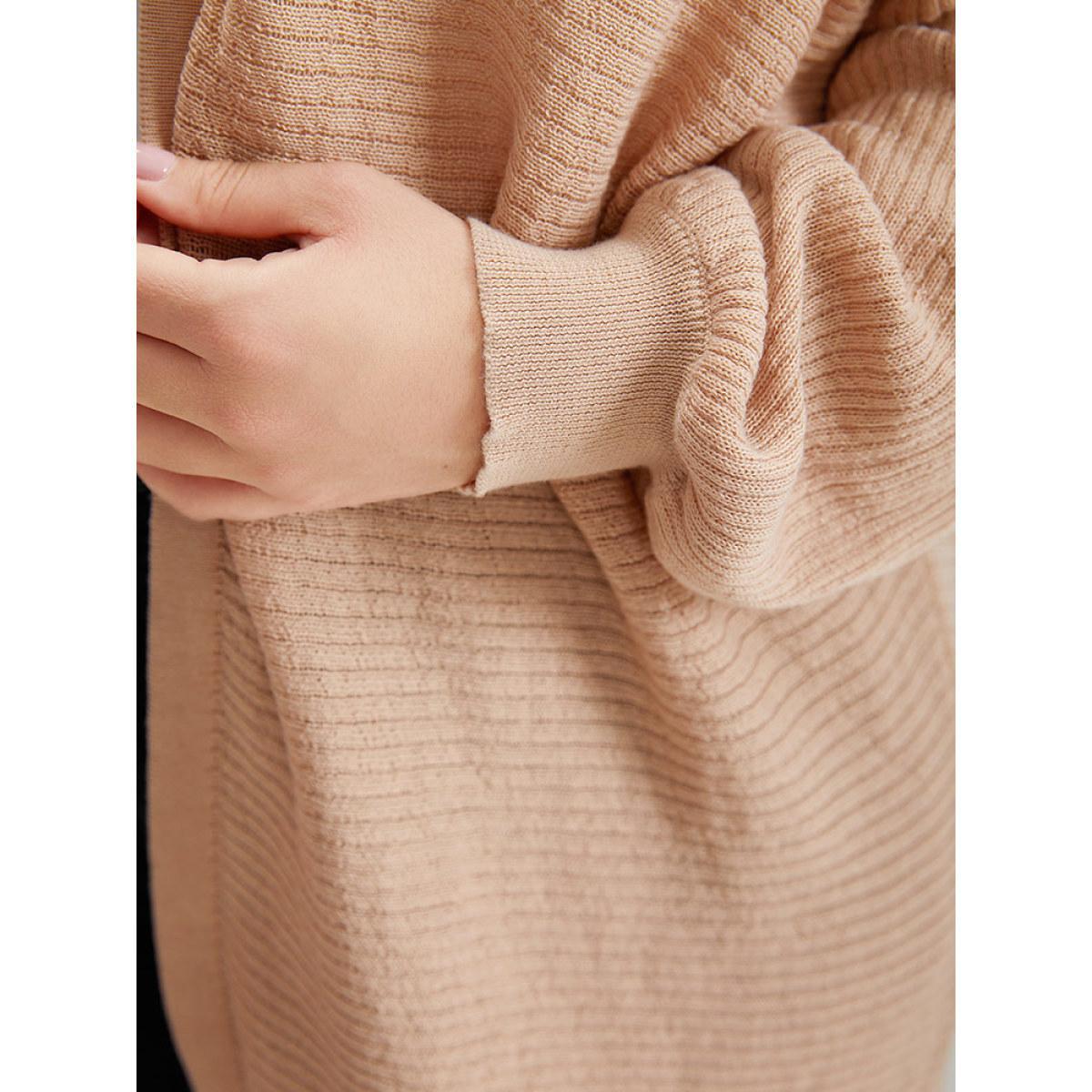 Plus Size Plain Textured Curved Hem Cardigan Champagne Women Casual Loose Long Sleeve Everyday Cardigans BloomChic 10/M Product Image