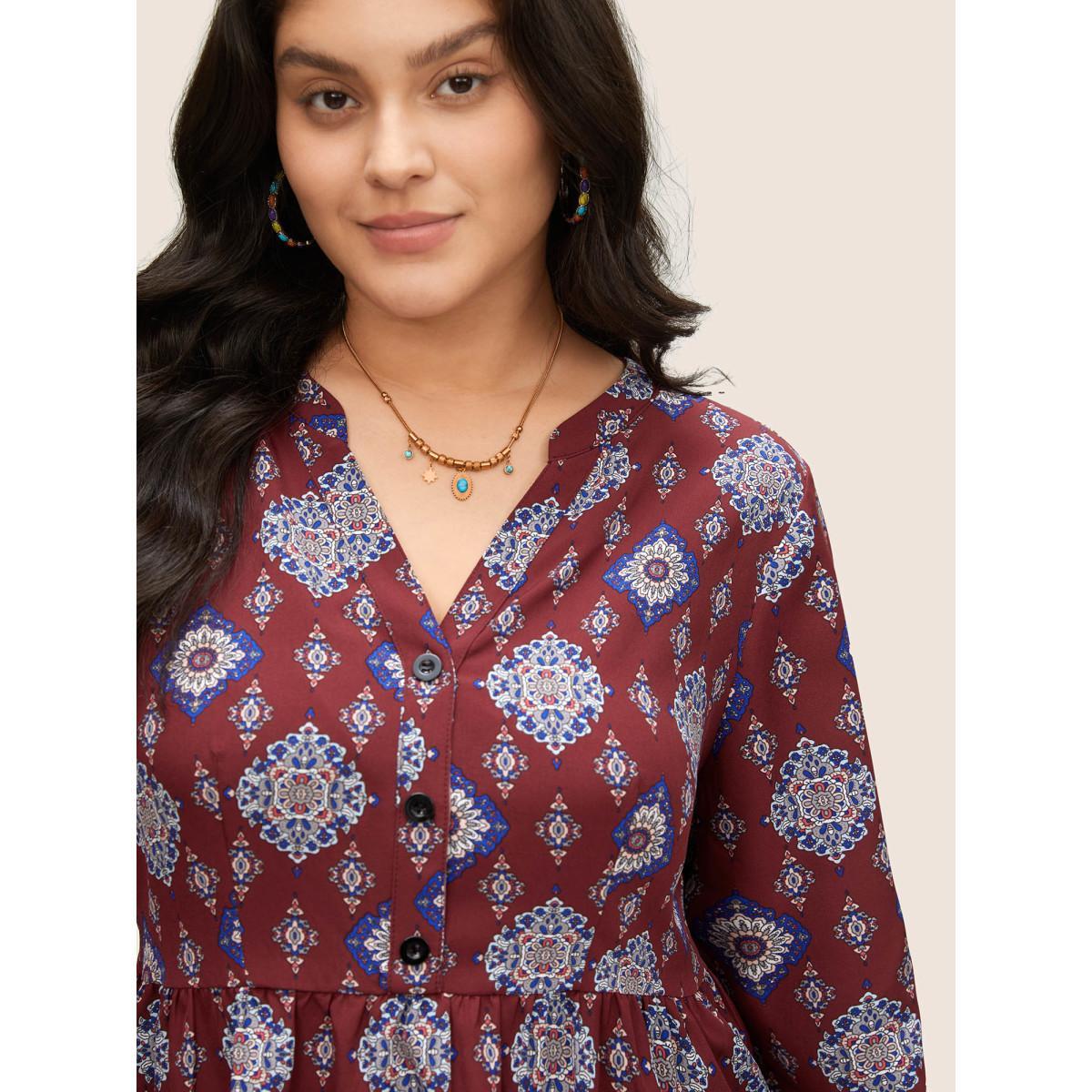 Plus Size Scarlet Boho Print Notched Lantern Sleeve Blouse Women Vacation Long Sleeve Notched collar Vacation Blouses BloomChic 22-24/3X Product Image