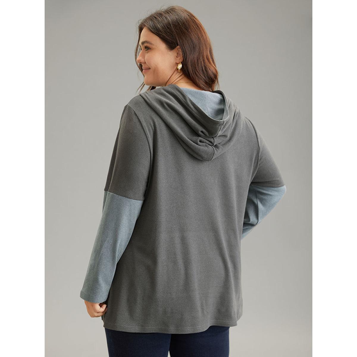 Plus Size Contrast Kangaroo Pocket Hooded Button Detail Sweatshirt Women DimGray Elegant Contrast Hooded Dailywear Sweatshirts BloomChic 10/M Product Image