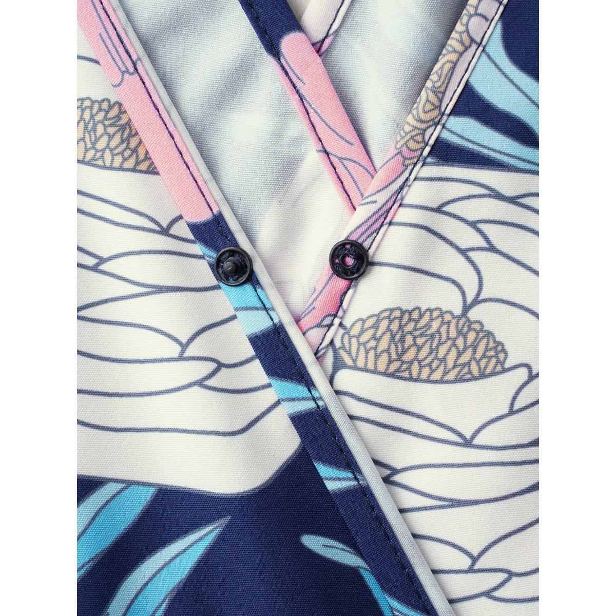 Plus Size Tropical Print Back-Tie Shirred Midi Dress DarkBlue Women Overlap Collar Short sleeve Curvy BloomChic 26/4X Product Image