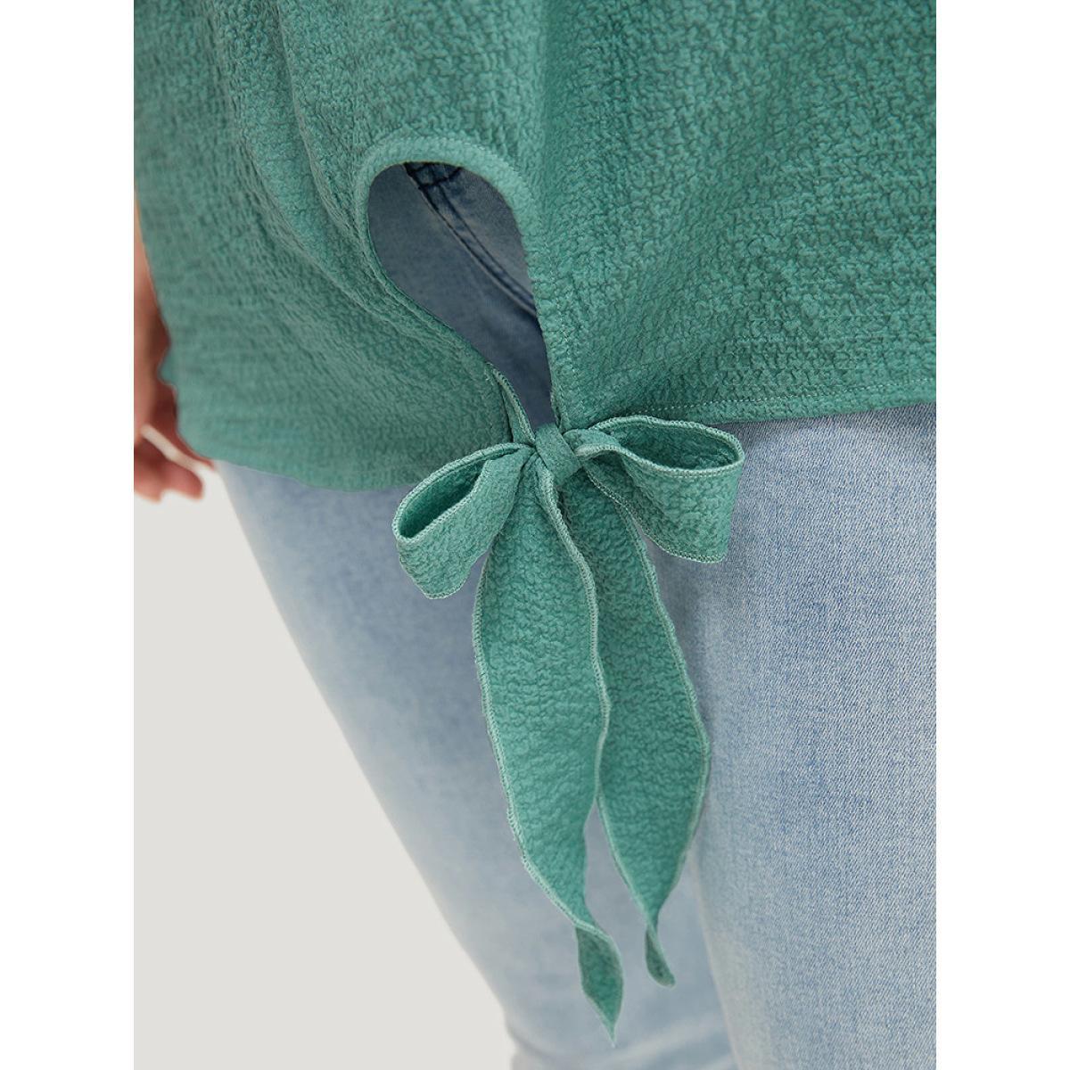 Plus Size Teal Solid Cut Out Knotted Hem Ruffle Sleeve One Shoulder Blouse Women Elegant Short sleeve One Shoulder Dailywear Blouses BloomChic 28/5X Product Image