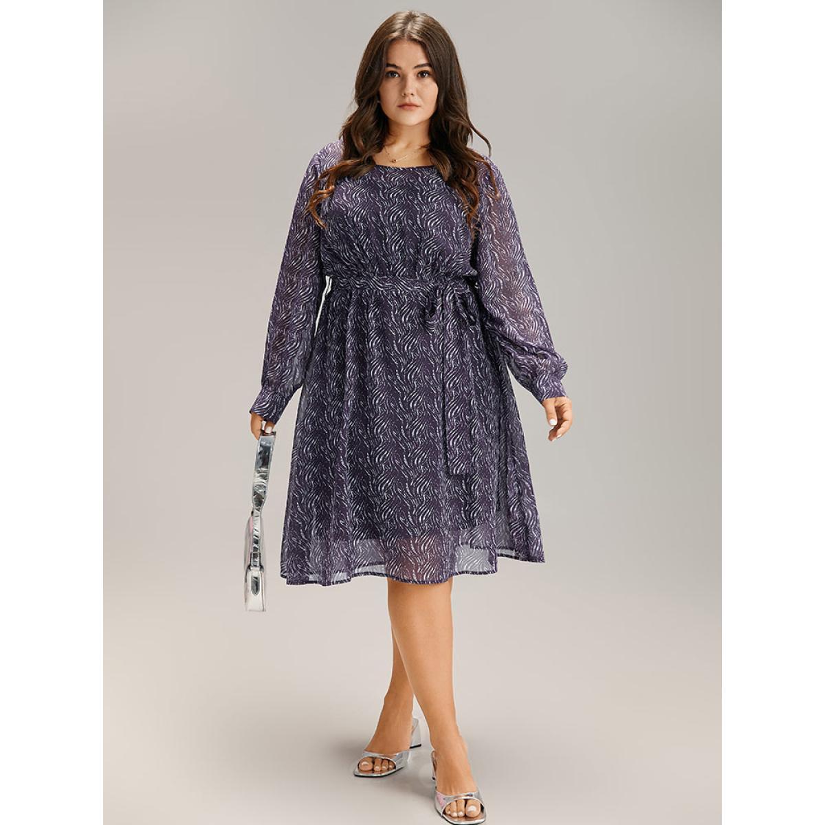 Plus Size Geometric Mesh Elastic Waist Belted Dress Indigo Women Office See through Round Neck Long Sleeve Curvy Midi Dress BloomChic 26/4X Product Image