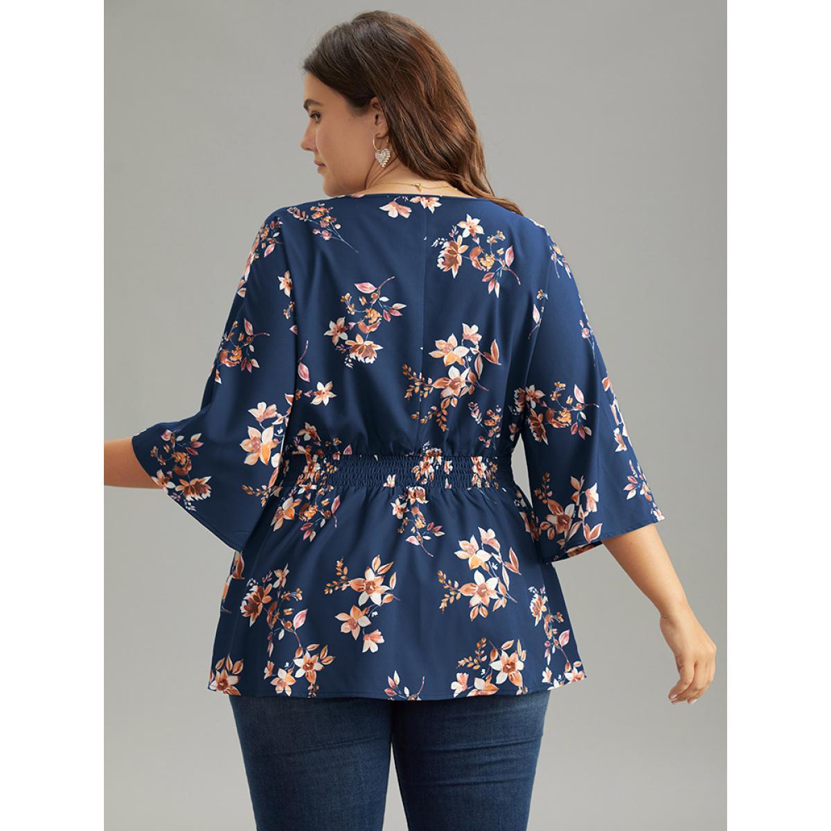Plus Size Indigo Floral Print Shirred Plicated Detail Blouse Women Elegant Elbow-length sleeve V-neck Dailywear Blouses BloomChic 28/5X Product Image