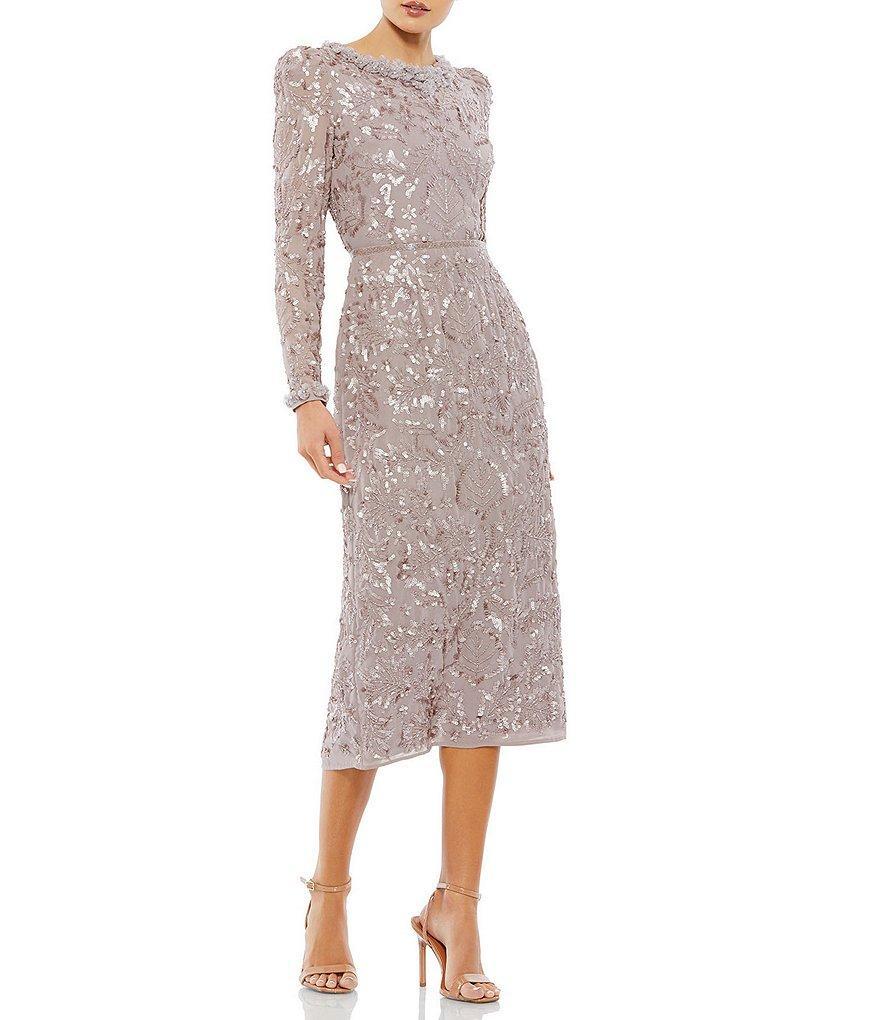 Mac Duggal Long Sleeve Crew Neck Embellished Midi Sheath Dress Product Image