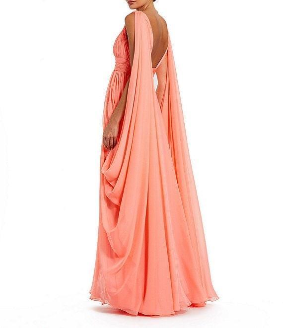 Mac Duggal Sleeveless Shirred Bodice V-Neck Drape Shoulder Chiffon A-Line Gown Product Image