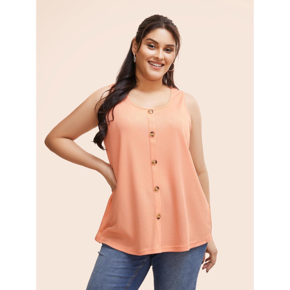 Plus Size Solid Button Detail Waffle Knit Tank Top Women Coral Casual Button Round Neck Everyday Tank Tops Camis BloomChic 26/4X Product Image