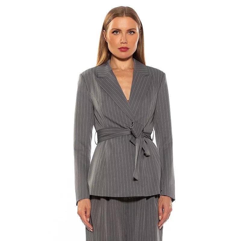 Women's ALEXIA ADMOR Olya Stripe Long Blazer Jacket with Belt, Size: 2, Beige Stripe Product Image