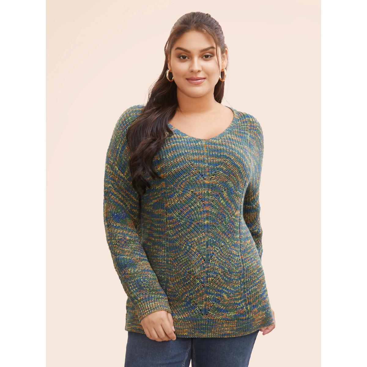 Plus Size V Neck Texture Heather Cable Knit Pullover Multicolor Women Casual Long Sleeve V-neck Everyday Pullovers BloomChic 28/5X Product Image