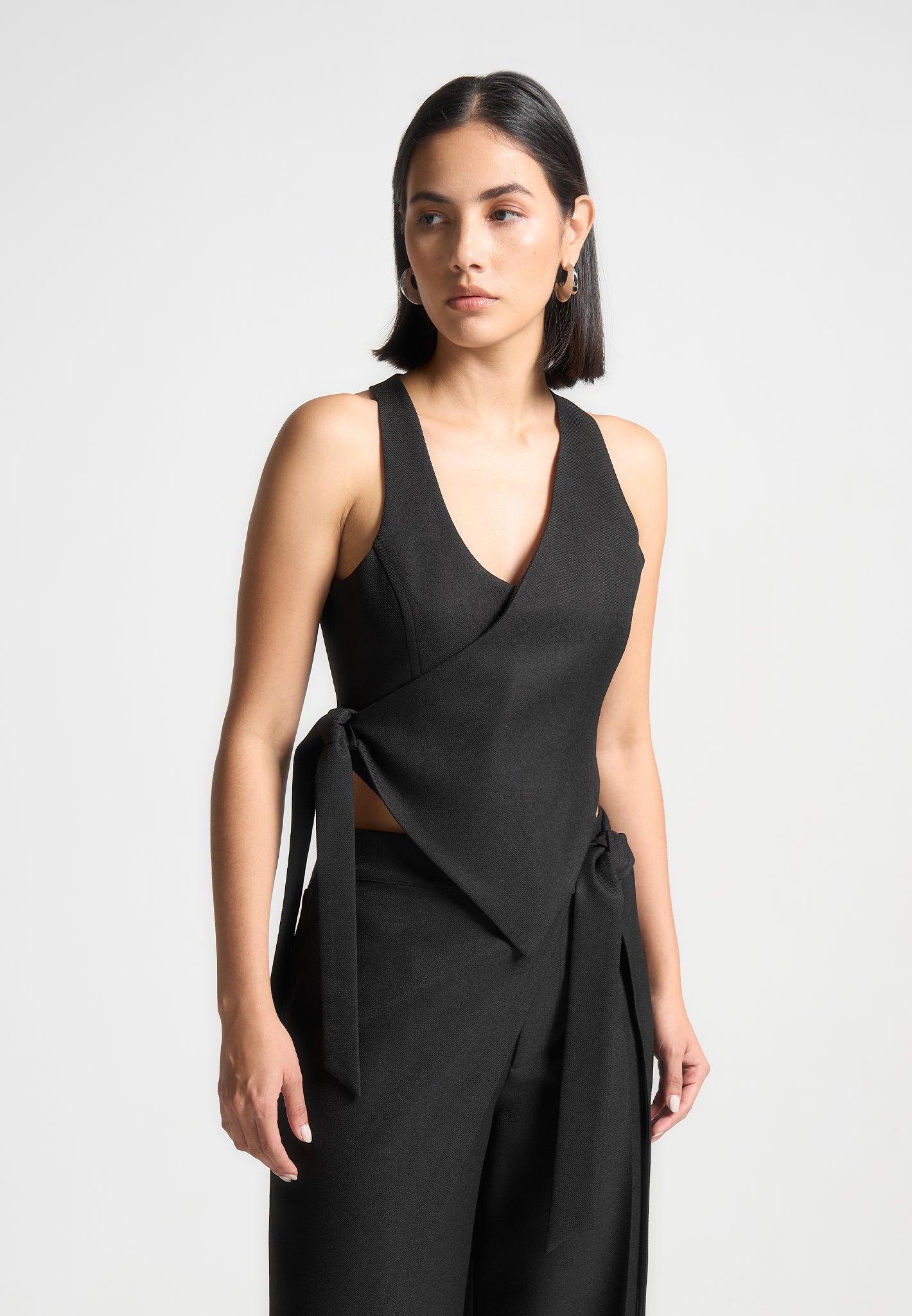 Asymmetric Tailored Waistcoat with Tie - Black Female Product Image