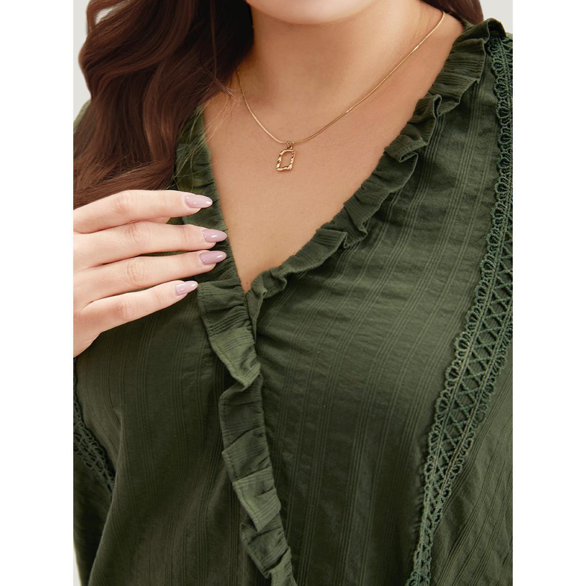 Plus Size ArmyGreen Solid Ruffle Trim Guipure Lace Elastic Hem Blouse Women Vacation Short sleeve V-neck Dailywear Blouses BloomChic 28/5X Product Image